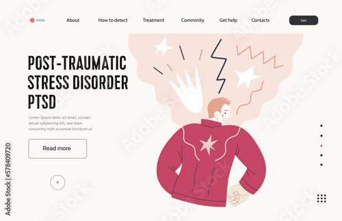 Mental disorders web template. PTSD - modern flat vector illustration of a man meeting with traumatic stress experience - burst, explosion. People emotional, psychological, mental traumas concept