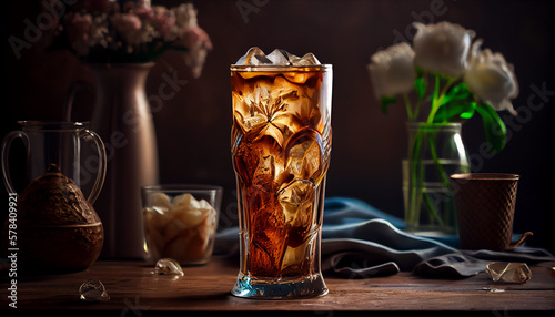 Iced coffee in a tall glass with ice generated by AI photo