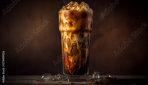 Iced coffee in a tall glass with ice generated by AI photo