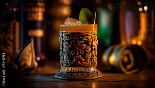 Rum cocktail in a tiki glass generated by AI
 photo