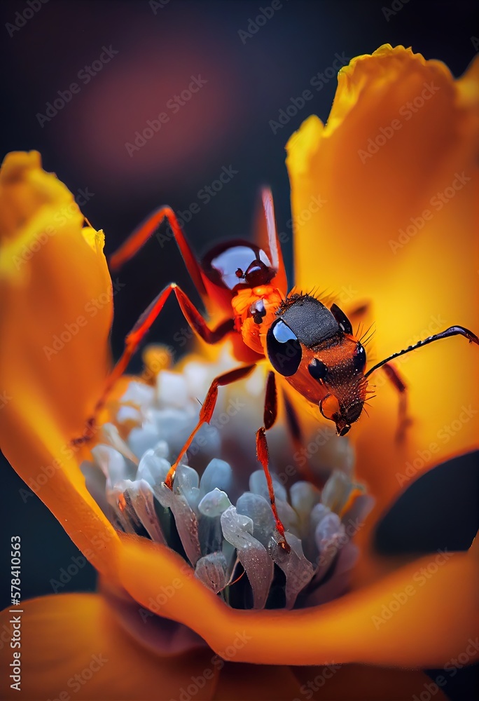 Macro image of an ant on a flower. Close up Ant insect in the flowers