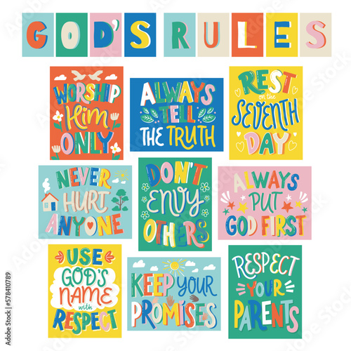 God's rules, set of posters with hand drawn vector illustrations and lettering 