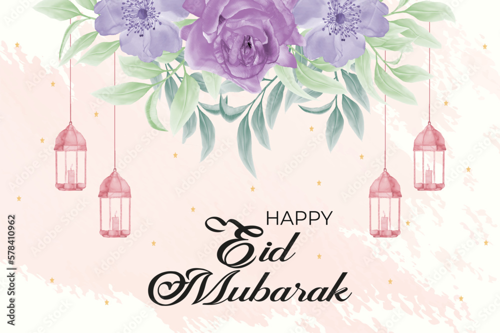 Beautiful Nature Eid Mubarak card design template with watercolor pink ...