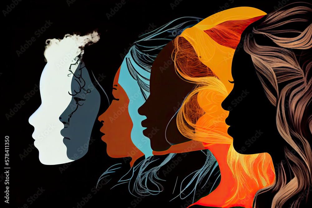 Woman face silhouette in profile with group of multicultural and multiethnic women faces inside Woman face silhouette in profile with group of multicultural and multiethnic women faces inside