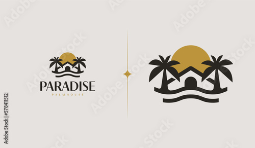 Palm House Summer Tropical. Universal creative premium symbol. Vector sign icon logo template. Vector illustration