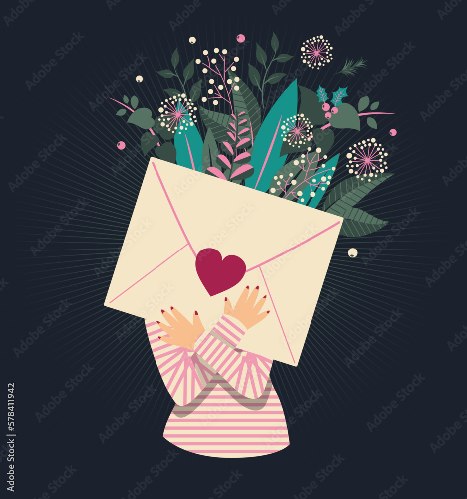 The love letter, a woman hold a huge letter in her arms, a herat on it, winter flowers behind, poetic vector illustration