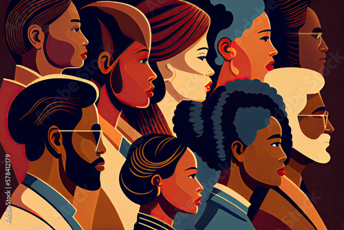 Diverse people  multiracial  multicultural crowd of men and women  side view portraits. Vector multi-ethnic group  concept of equality and togetherness. Wellness  independence and freedom  stop racism