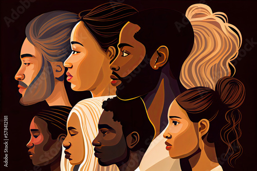 Diverse people, multiracial, multicultural crowd of men and women, side view portraits. Vector multi-ethnic group, concept of equality and togetherness. Wellness, independence and freedom, stop racism