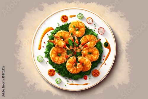 Top view gourmet fried Shrimp dish on the plate with vegetables. Generative AI