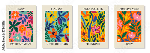 Set of 4 botanical wall art posters, brochure, flyer templates, contemporary collage. Organic shapes, line floral pattern with positive motivational, inspirational quotes.