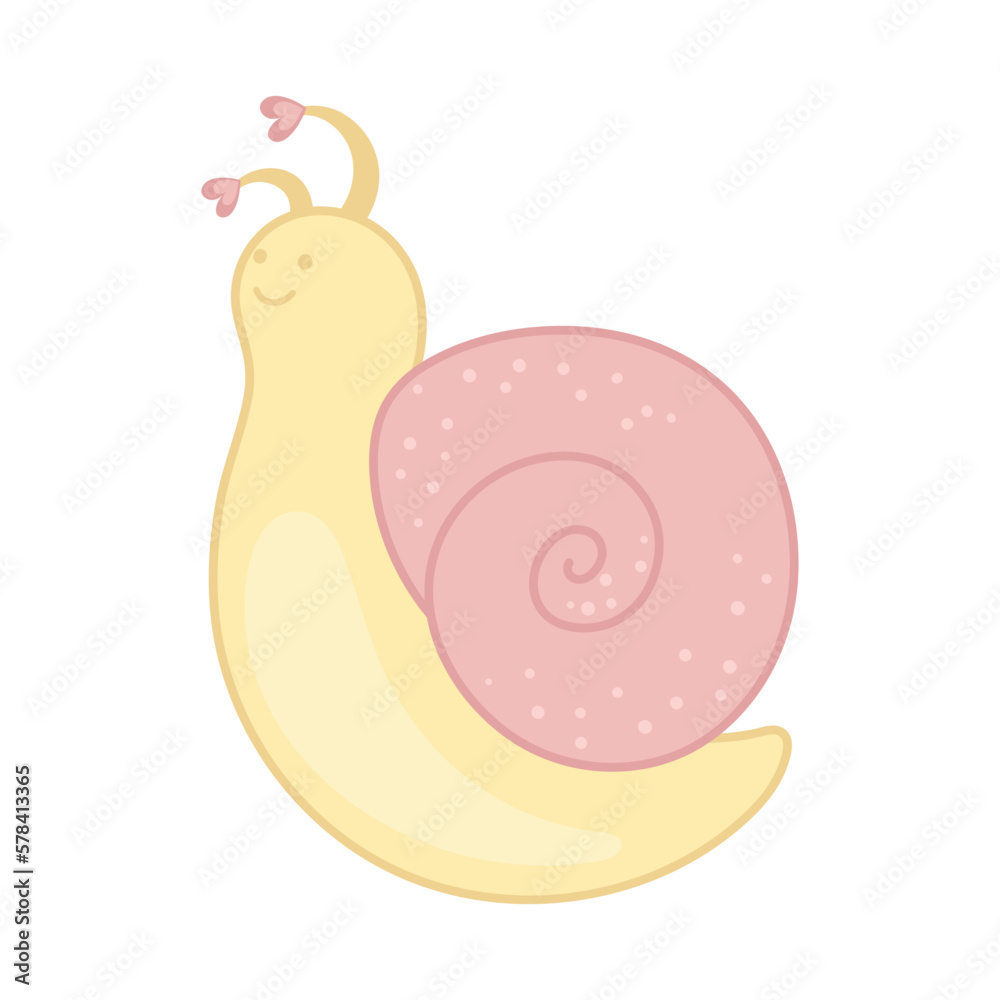Cute snail in love. Pink and yellow colors. Simple illustration in kawaii style. Design element for prints and stickers. Clipart for Valentine's Day.