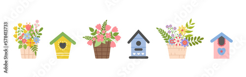 Spring set of colorful birdhouses and wicker baskets with flowers. Elements for spring, summer, seasonal design of postcards, fabrics, wallpaper, wrappers, packaging, textiles. Vector illustration