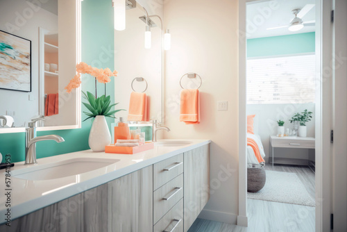 Modern hotel room and bathroom  pastel colors interior. Generative AI 