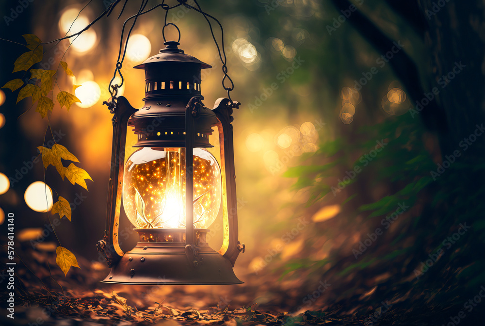 Dazzling romantic lantern with vintage style, perched in the branch of a tree. Mysterious and rustic atmosphere, giving an enchanting glow. Generative AI