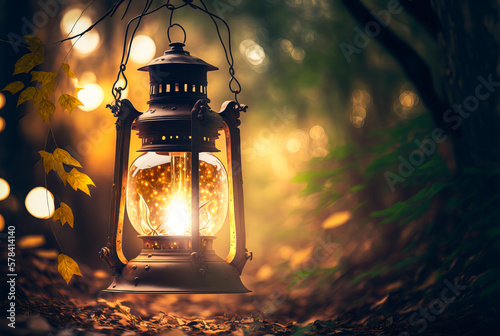 Dazzling romantic lantern with vintage style, perched in the branch of a tree. Mysterious and rustic atmosphere, giving an enchanting glow. Generative AI