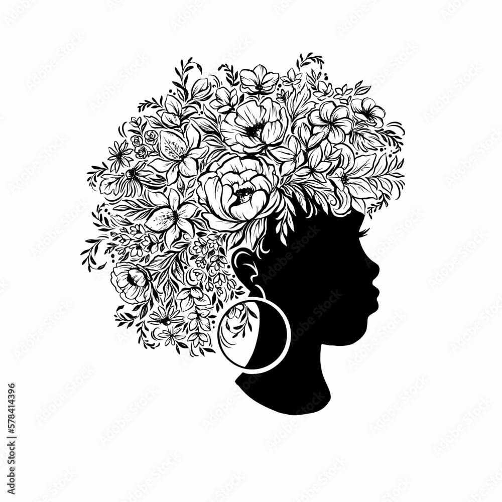Flowers in the hair, fashion girl portrait, vector hand drawn art
