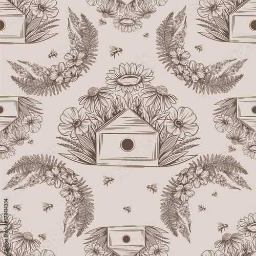 Bees, hives and flowers, seamless pattern with vector hand drawn illustrations with honey theme
