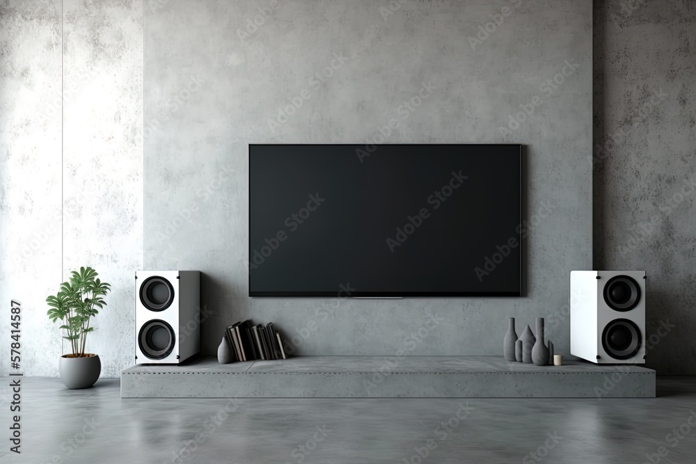 A television installed on a concrete wall in a modern living room