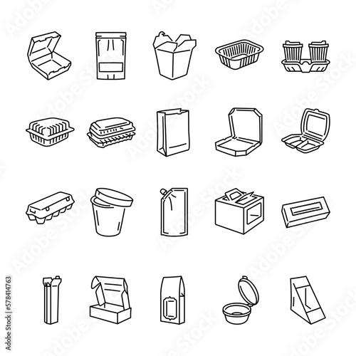 Packaging for takeaway food black line icons set.