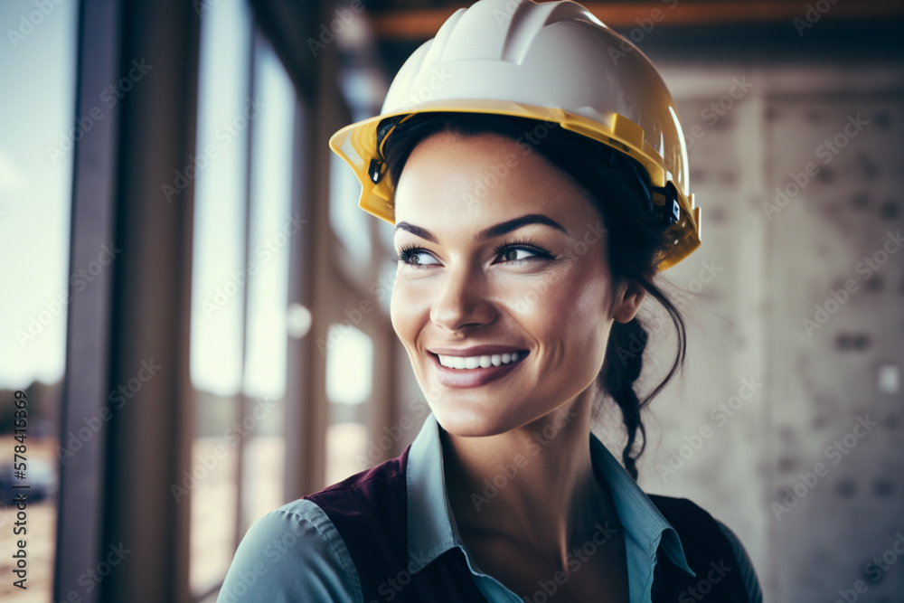 Female construction site engineer in helmet created with Ai generative tools Female construction site engineer in helmet created with Ai generative tools