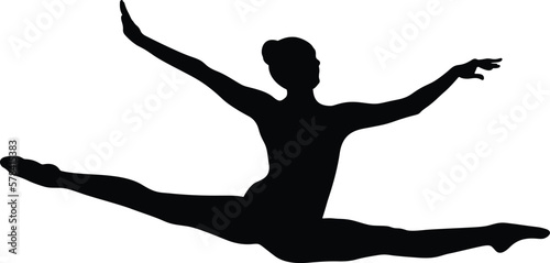 female gymnast split jump to compete in rhythmic gymnastics, black silhouette on white background, vector illustration