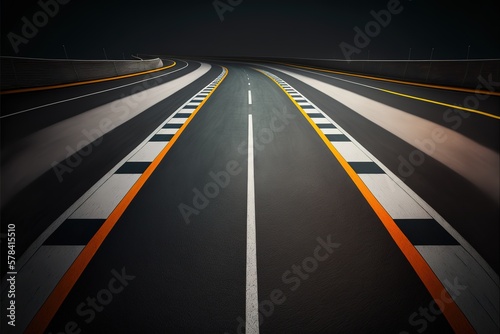 A race track with start and finish line  Car or karting road racing background on black tarmac. top view