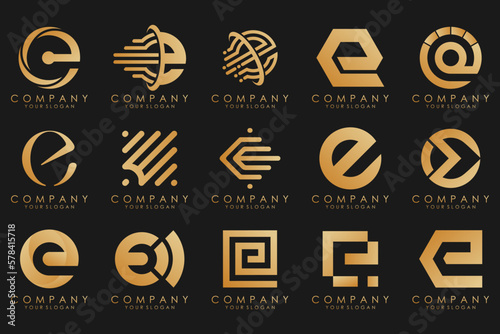 collection logos golden luxury with letters E. Geometrical abstract logos.