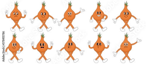 Bulb onions cartoon groovy stickers with funny comic characters, gloved hands. Modern illustration with legs and arms.	
