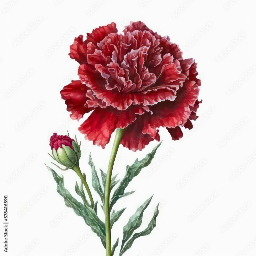 Red carnation isolated on white background. Watercolor illustration of a beautiful red flower. Generative AI art.