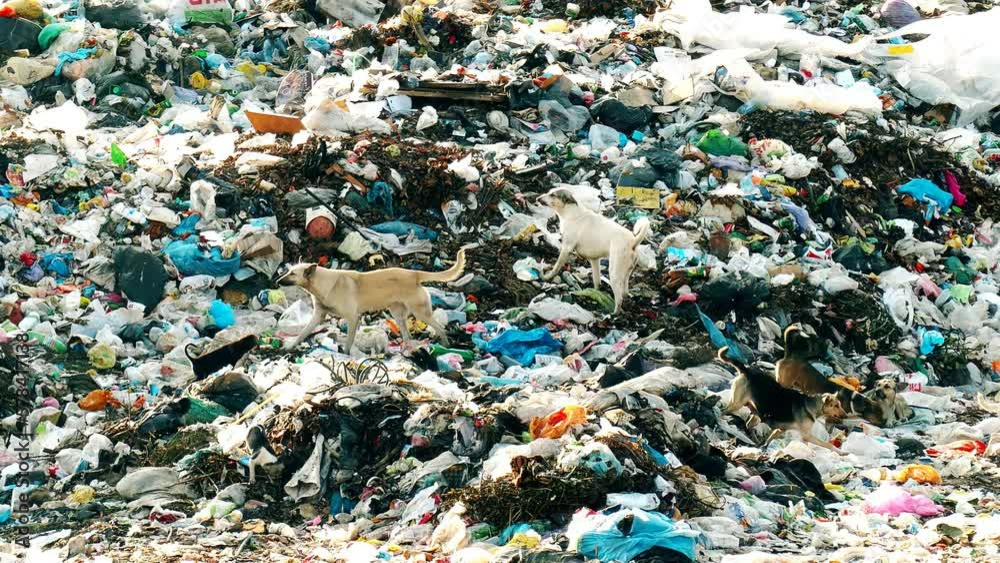 A pack of stray dogs in a city dump. Uncontrolled abandoned dogs are a social problem. A pack of stray dogs in a city dump. Uncontrolled abandoned dogs are a social problem.