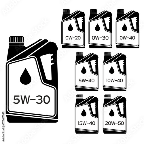 Five quarts motor oil. Oil engine motor icon set. Vector illustration.