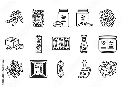 Soy products black line icons set.