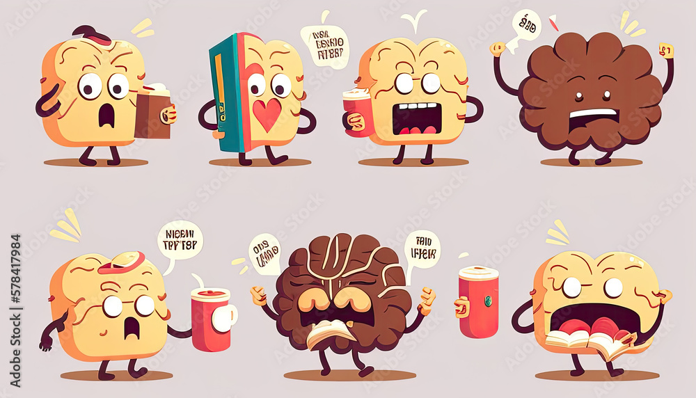 Fototapeta premium Cute human brain various style pose set. Healthy and unhealthy organ. Generative ai