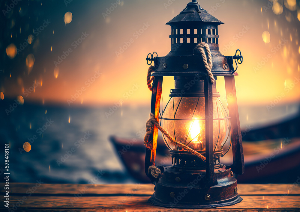 A marine lantern illuminating a harbor with the silhouette of a sailing ship, and a sunset in the background. Romantic and vintage maritime atmosphere. Generative AI