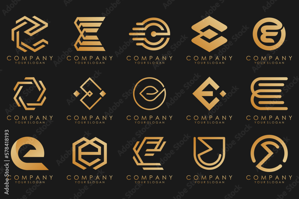 collection logos golden luxury with letters E. Geometrical abstract logos. collection logos golden luxury with letters E. Geometrical abstract logos.