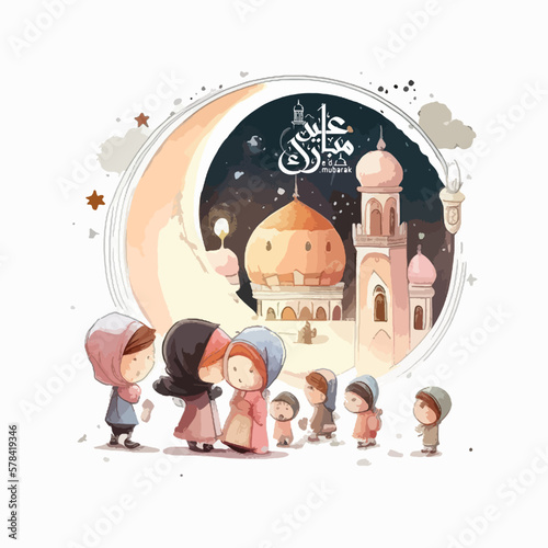 kids go to mosque art poster greeting ramadan