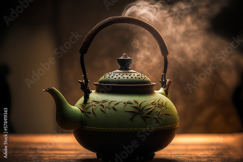 Steam emanating from the traditional Japanese teapot filled with a hot drink characteristic of Japan. Unique scenery and emotions in a single image. Generative AI