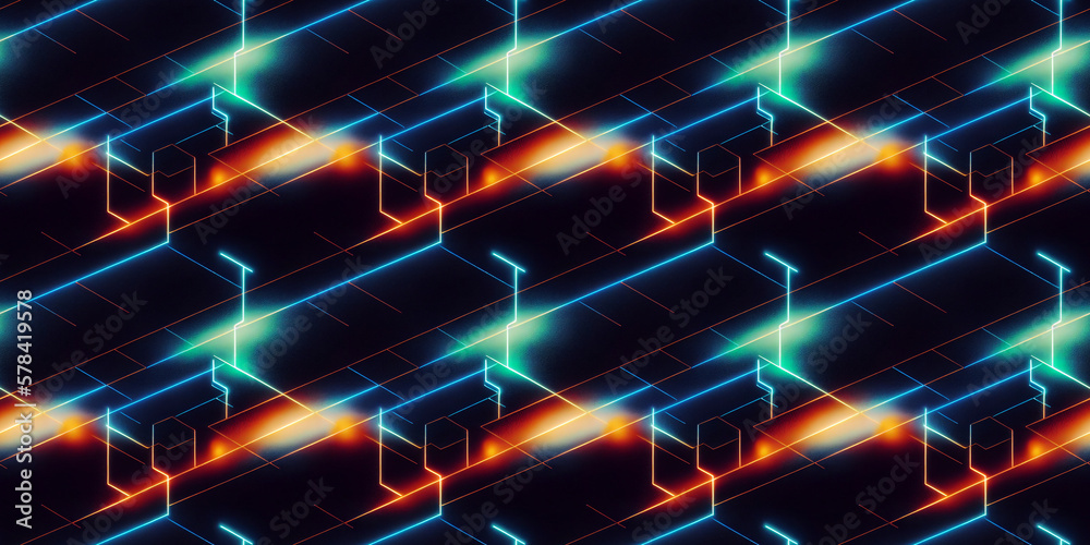 Abstract background, seamless pattern. Concept of AI technology, digital, futuristic, Sci-Fi, technological. Art background for design in dark tones with blue and orange lights. Generative AI. Abstract background, seamless pattern. Concept of AI technology, digital, futuristic, Sci-Fi, technological. Art background for design in dark tones with blue and orange lights. Generative AI.