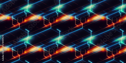 Abstract background, seamless pattern. Concept of AI technology, digital, futuristic, Sci-Fi, technological. Art background for design in dark tones with blue and orange lights. Generative AI.