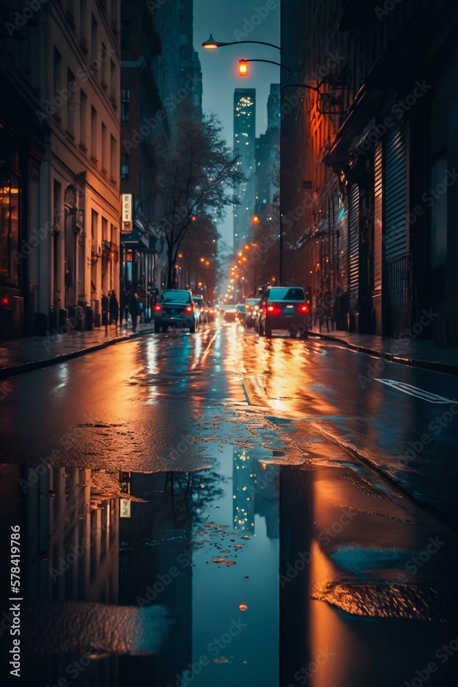 Night rainy city road streets. Generative AI Night rainy city road streets. Generative AI