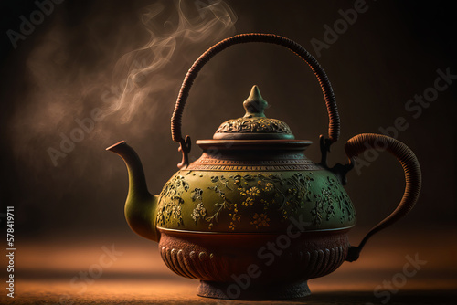 A traditional Japanese teapot evoking the typical hot drink of Japan. Beautiful vapors emanating from the object to create sublime images. Generative AI