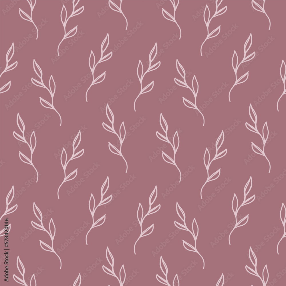 Fototapeta premium Cute seamless repeating pattern with branches on a burgundy background, floral motif. Hand drawn leaves in a pattern for design, textile, wrapping paper and packaging design