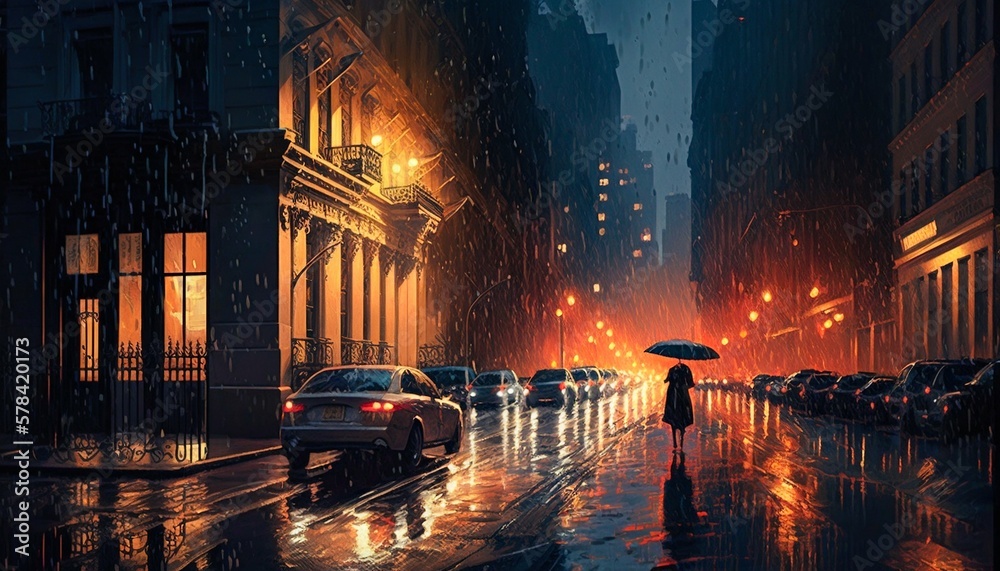 Night rainy city road streets. Generative AI