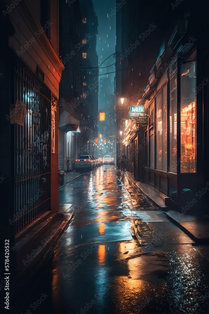 Night rainy city road streets. Generative AI