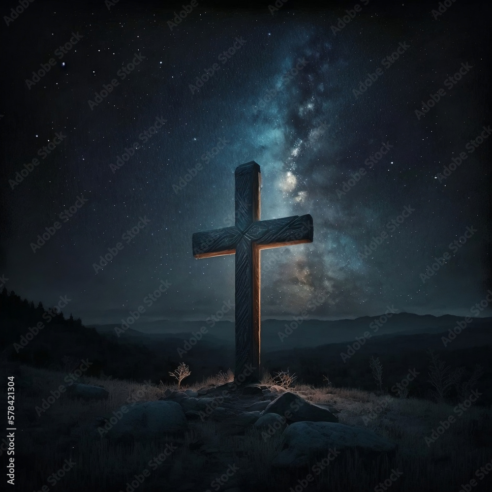 cross in the night with sky
