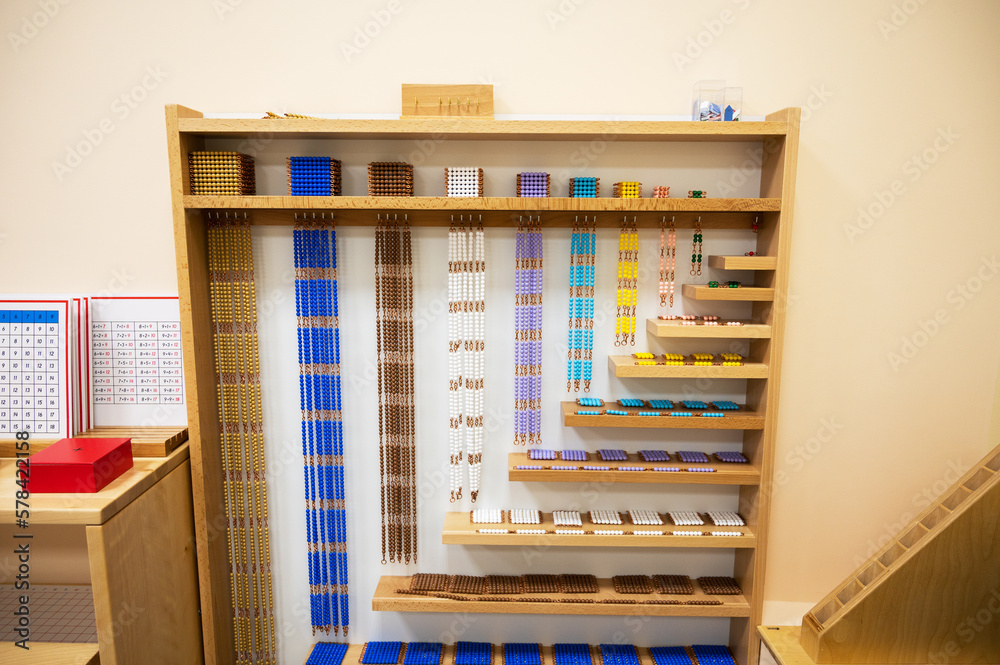  Classroom of Montessori kindergarten. Montessori wood material for the 
