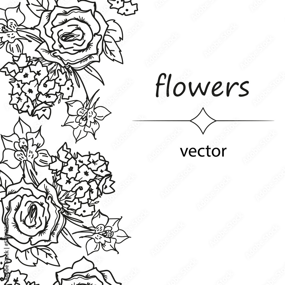 Decorative banner or card, wedding invitation template with flowers in line contour art, hand drawn vector Illustration on white background. Elegant banner or card with freehand drawn roses.