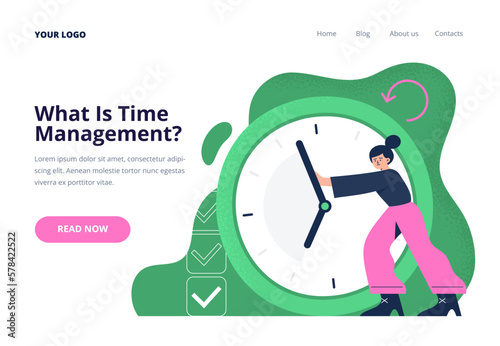 A woman pulling back the clock arrow. Time management, planning, and deadline concept. Vector flat illustration for web banner, and landing page.