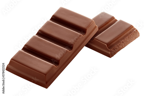 dois pedaços de chocolate ao leite em fundo transparente - barra de chocolate inteiro e barra chocolate quebrado photo