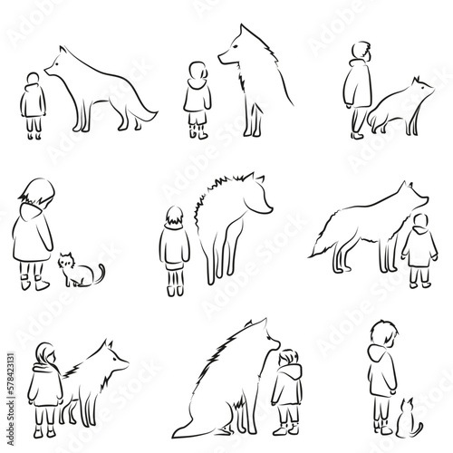 child with wolf or cat illustration lineart drawing